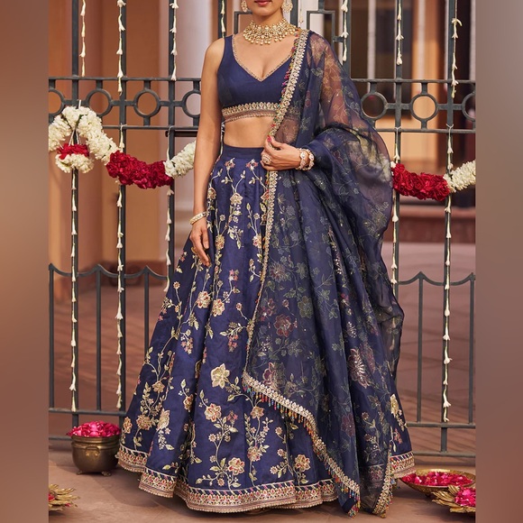 Lashkaraa Other - Navy Blue Embroidered Lehenga - custom long sleeves and padding